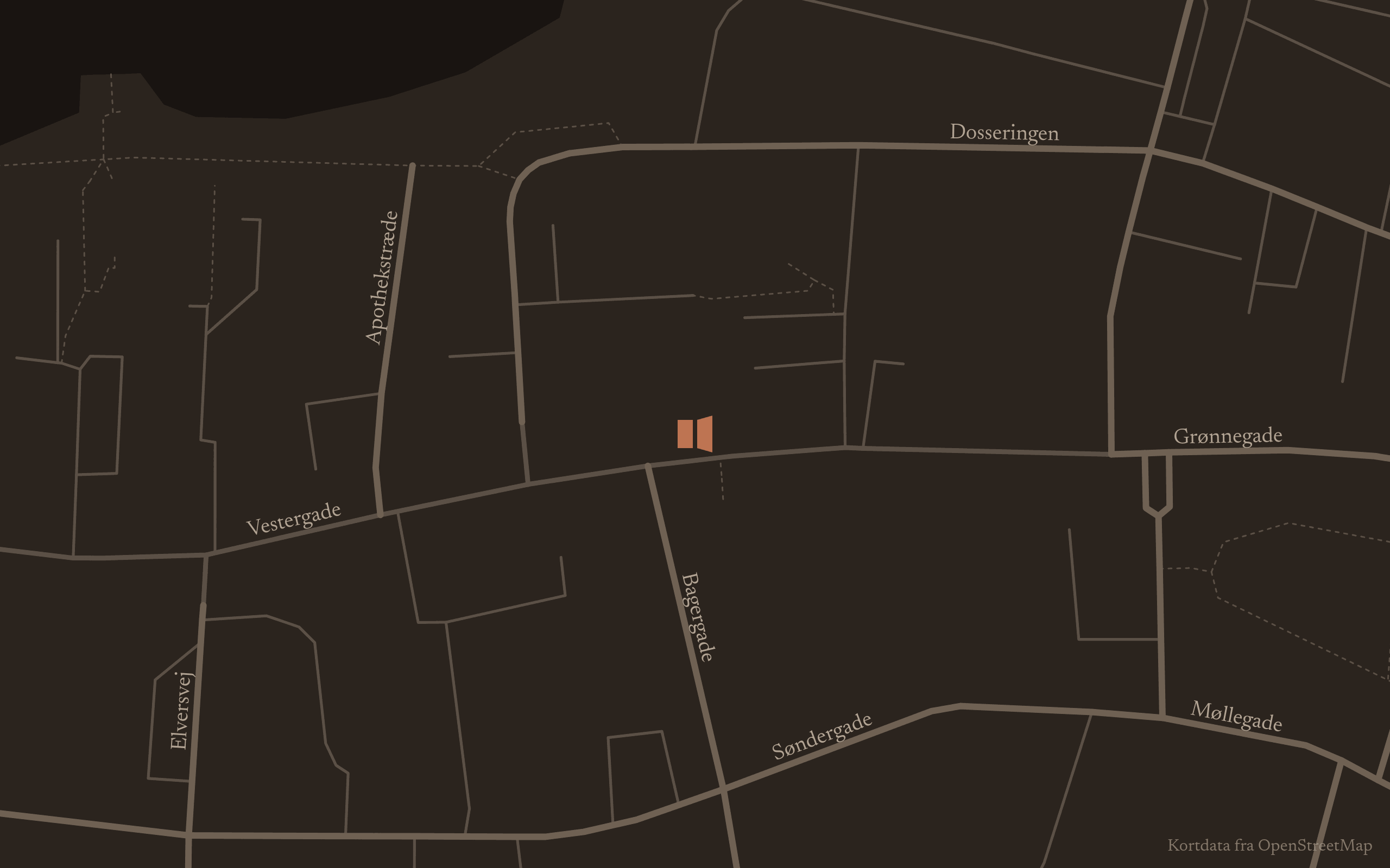 Kort over Vestergade 14A i Stubbekøbing, tegnet af data fra OpenStreetMap